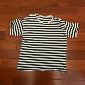 Zara Black & White Striped Tee with Red 'Paris' Embroidery